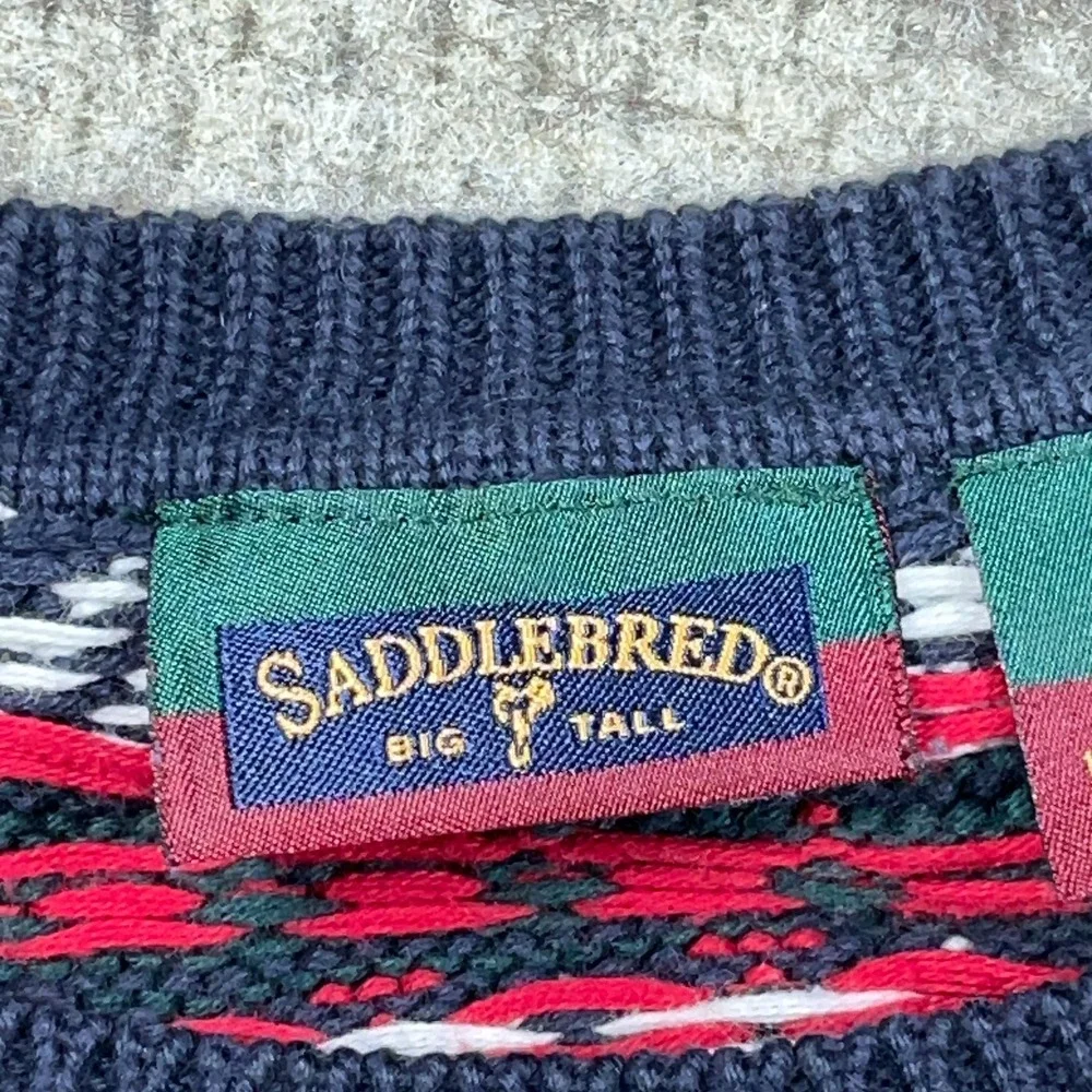 Vintage Grandpa Sweater Men XLT Blue Red Heavy Chunky Knit Geometric Nordic 90s‎